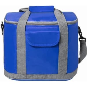 A blue insulated cooler bag with grey straps and a front pocket, featuring a carry handle and adjustable shoulder strap.