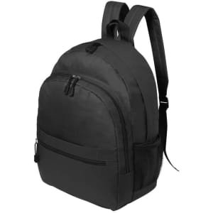 A black backpack featuring adjustable straps, a main compartment, and a front zip pocket with a side mesh pocket.