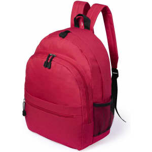 A red backpack with adjustable straps, featuring multiple compartments and a side mesh pocket.