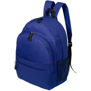 A blue backpack with two shoulder straps and a front pocket, featuring a mesh side pocket.