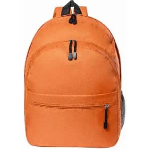 An orange backpack with a front pocket and two zippered compartments, featuring black straps and a side mesh pocket.