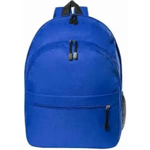 A blue backpack featuring two zippered compartments and a mesh side pocket, with adjustable straps.