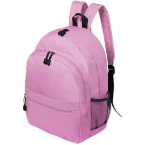 A pink backpack with adjustable straps, a front pocket, and side mesh pocket for drinks or small items.