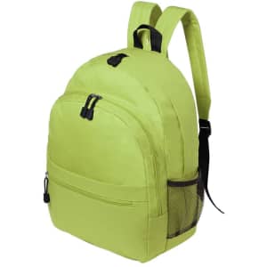 A lime green backpack featuring padded shoulder straps and a side mesh pocket. It has a zippered main compartment.
