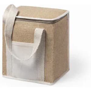 A drink cooler bag in natural jute colour with white straps and a zippered top, featuring a front pocket.