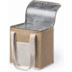 A jute cooler bag with a silver insulated interior and contrasting light-coloured handles.