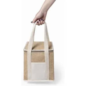 A insulated jute bag with a beige and white design, featuring sturdy handles for easy carrying.