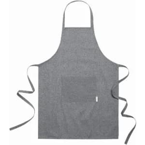 A grey apron with a front pocket and ties, made from durable fabric. It features a simple design and a branding logo.