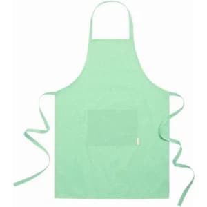 A mint green apron with a pocket and long ties. The fabric appears textured and durable.