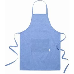 A blue apron with a pocket and long ties, featuring a simple design and fabric texture.