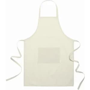 A cream-coloured apron with a front pocket and long ties for fastening. It features a simple, classic design.