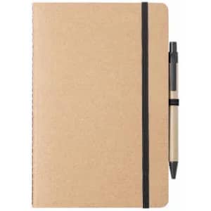 A brown hardcover notebook with a black elastic band and a black pen attached.