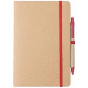 A notebook with a brown cover featuring a red elastic band and a pink pen attached.