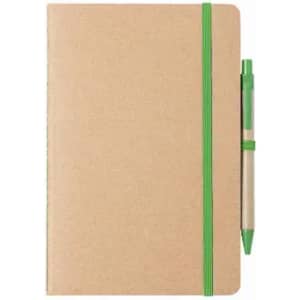A notebook with a kraft cover featuring a green elastic band and a green pen attached.