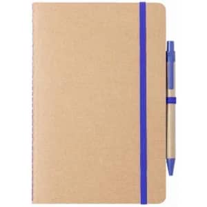 A notebook with a kraft cover, blue elastic band, and a matching blue pen attached. It features a simple design and branding.