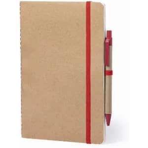 A tan notebook with a red elastic band and a matching pen attached on the side.