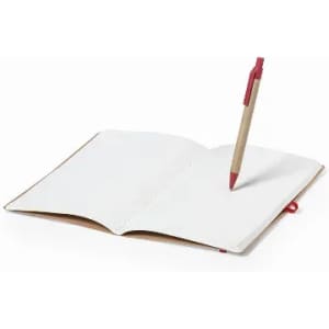 A notebook with blank white pages and a red pen placed diagonally on top, featuring a brown cover.