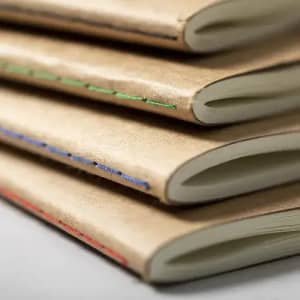 A stack of three notebooks featuring beige covers and colourful stitching in red, blue, and green along the spines.