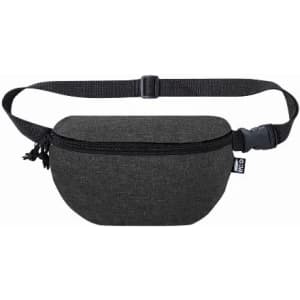 A waist bag in dark grey fabric with a zippered compartment and adjustable strap. It features a small logo.