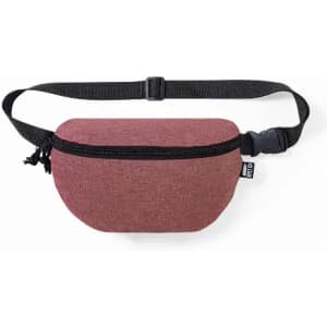 A fanny pack in shades of burgundy and grey, featuring a zip closure and an adjustable black strap.