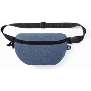 A blue waist pouch with a zip closure and adjustable strap, featuring a logo on the side.