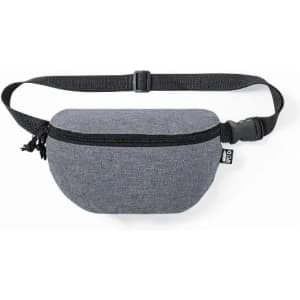 A grey waist bag with a zippered compartment and adjustable strap. It features a logo on the side.