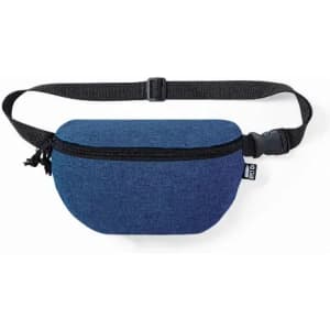 A fanny pack in navy blue with a zippered closure and an adjustable strap. Features a logo on the side.