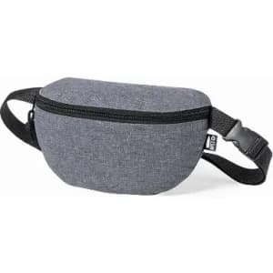 A grey waist pouch with a zip closure and adjustable strap, featuring a small logo.