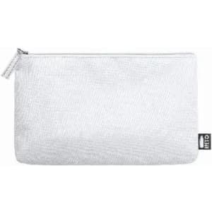 A white pouch with a zip closure and a small logo on the side.