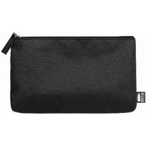 A black pouch with a zip closure, featuring a small logo on one side.