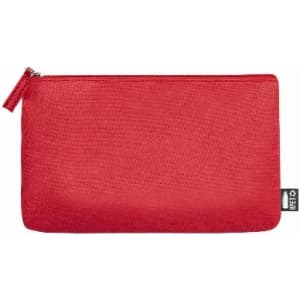 A red zippered pouch with a textured surface and a small branding tag on the side.