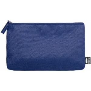 A navy blue zippered pouch made of durable fabric with a tag on the side and a smooth texture.