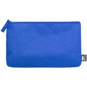 A blue pouch with a zip closure, featuring a branded tag on the side.