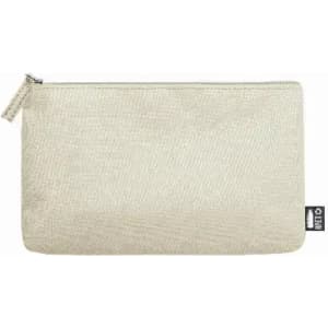 A cream-coloured zippered pouch featuring a textured fabric and a small logo on the side.