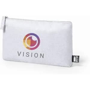 A white zippered pouch featuring a colourful logo and branding, made of textured fabric.