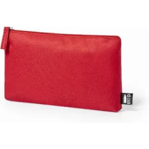 A red cosmetic pouch with a zip closure and branding tag on the side.