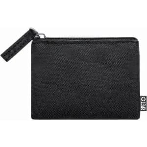 A black zippered pouch with a textured surface and a small loop for easy carrying, featuring a branding logo.