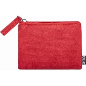 A red pouch with a zip closure and a small fabric loop. It features a branding label on the side.