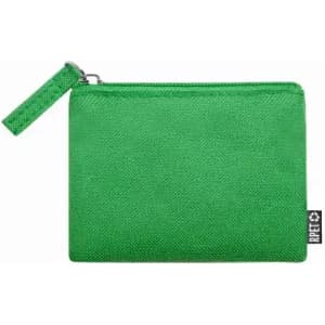 A green zippered pouch made of durable material, featuring a textured surface and a small loop for attachment.