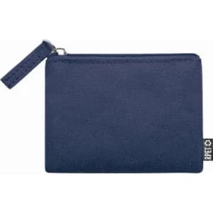 A navy blue zippered pouch with a textured surface and a small attached loop. It features a logo on one side.