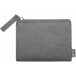 A grey zippered pouch featuring a small loop for attachment and a branding tag on the side.
