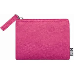 A pink zippered pouch with a small handle, made of textured fabric and featuring a branding label.