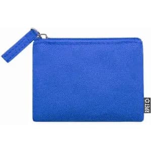 A blue zippered pouch featuring a simple design and a fabric loop for easy carrying. It has a brand logo.