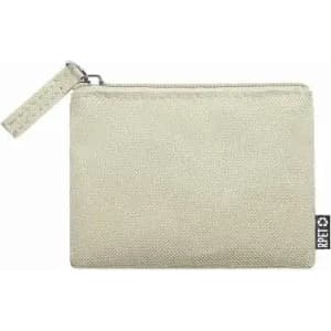 A small, light beige zippered pouch made from durable fabric, featuring a logo on the side.