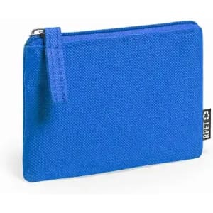 A blue pouch with a zip closure, featuring a textured design and a small tag.