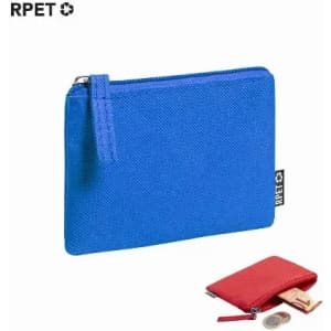 A blue pouch with a zip, featuring a tag, and a red pouch with contents displayed beside it.