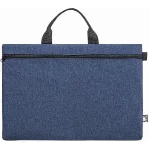 A blue laptop sleeve with a zip closure and two handles for easy carrying. Features a simple, textured design.