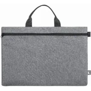 A grey laptop sleeve with a zip closure and a top handle for easy carrying. It features a logo on the side.