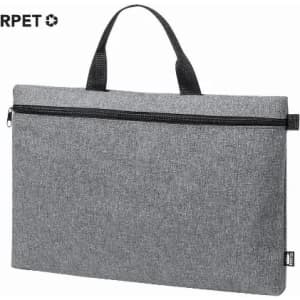 A grey laptop sleeve with a zipper and a handle, featuring a logo on the top left corner.