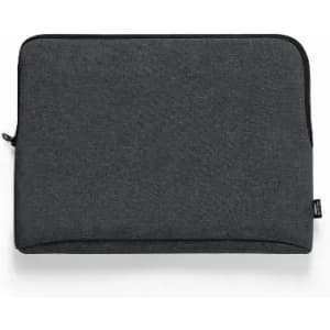 A sleek, dark grey laptop sleeve with a zip closure and a subtle branding tag.